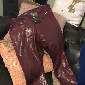 Nike ~Shiny Maroon Leggings~large 7/8~nwt